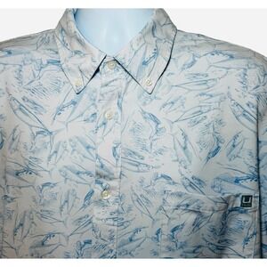 Huk Mens XXL KC Fish Chaos Kona Button Down Tee White Blue Short Sleeve